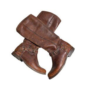 Frye Leather Phillip Ring Harness Boots Women 7.5 B Tall Brown Equestrian Buckle